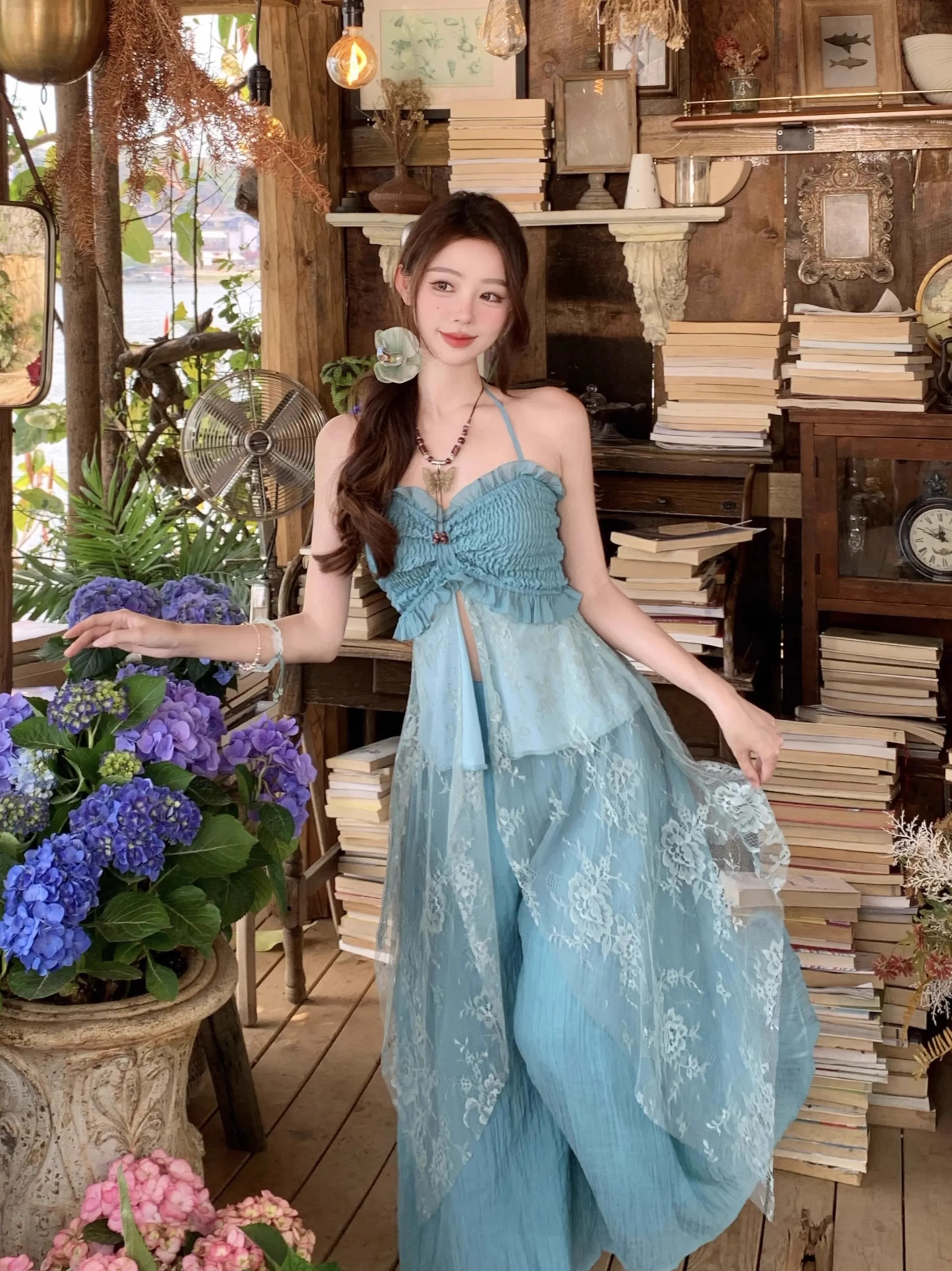 

Beach Vaion Sle Lace Trim Wide Leg Pants And Crop Top Set Women's Summer Faion Breathable Casual Outfit Two Piece Set