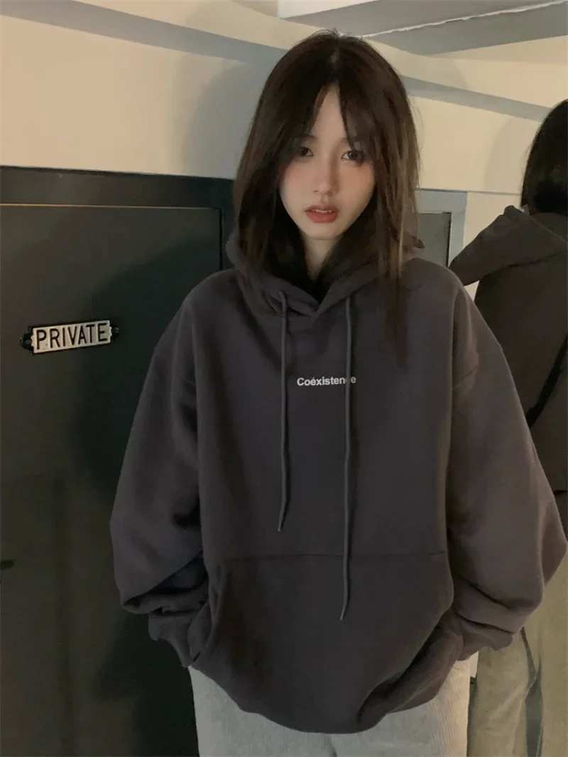 Fashion Dark Grey Hoodie Fleece Thicken Sweatshirt Long Sleeve Korean Letter Printing Baggy Female Top Pullover Harajuku Hoodie