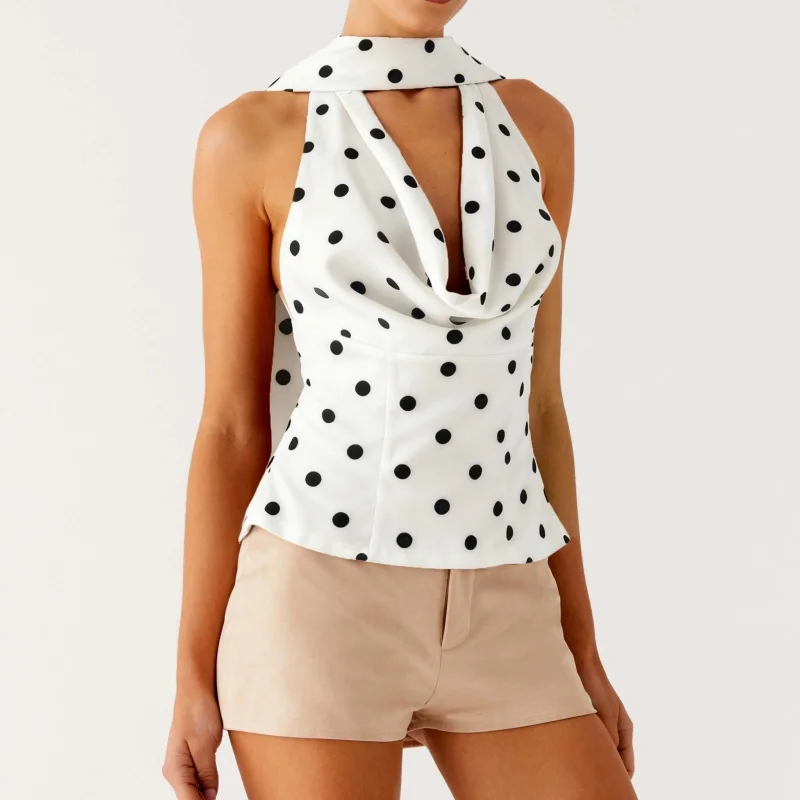 Canotte estive Y2K con stampa a pois con sciarpa Canotte da donna con lacci senza schienale Halter con scollo a V Trend Street Basic Chic Crop Top