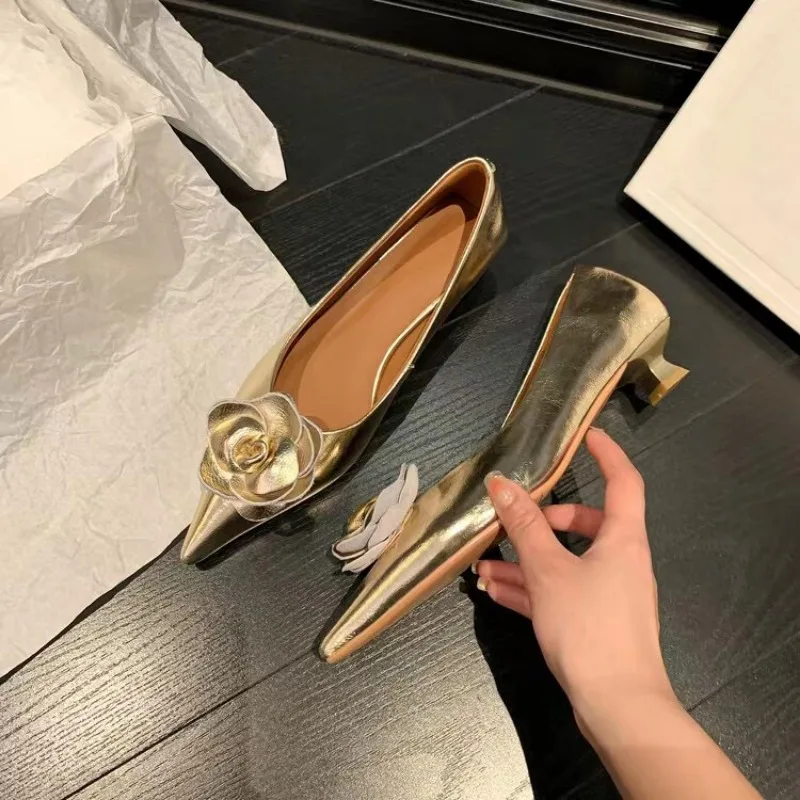 New Women Shoes High Heels Loafers Elegant Woman Shoes Low Heels Wedding Bride Pointed Toe Silver Gold Rose Evening Party Shoes