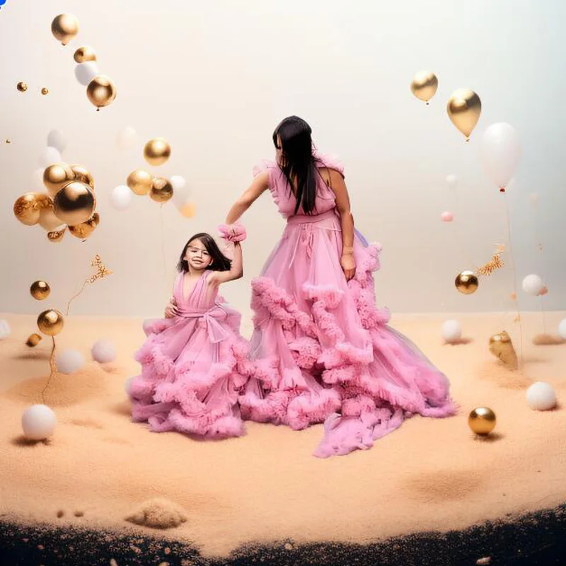 

Puffy Pink Mother And Daughter Matching Dresses For Family Look V Neck Ruffles Layered Photo Shoot Mom And Me Evening Outfits