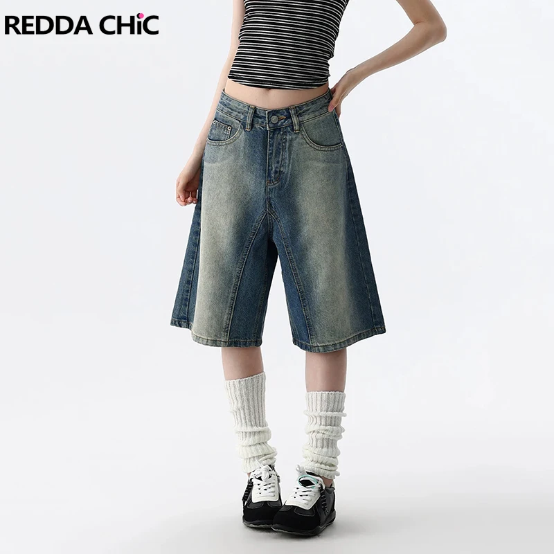 REDDACHiC Pantalones Cortos de Mezclilla Degradados para Mujer, Estilo Coreano, Corte Recto Holgado, Talle Alto, Lavado, Vaqueros Anchos, Ropa Casual Urbana