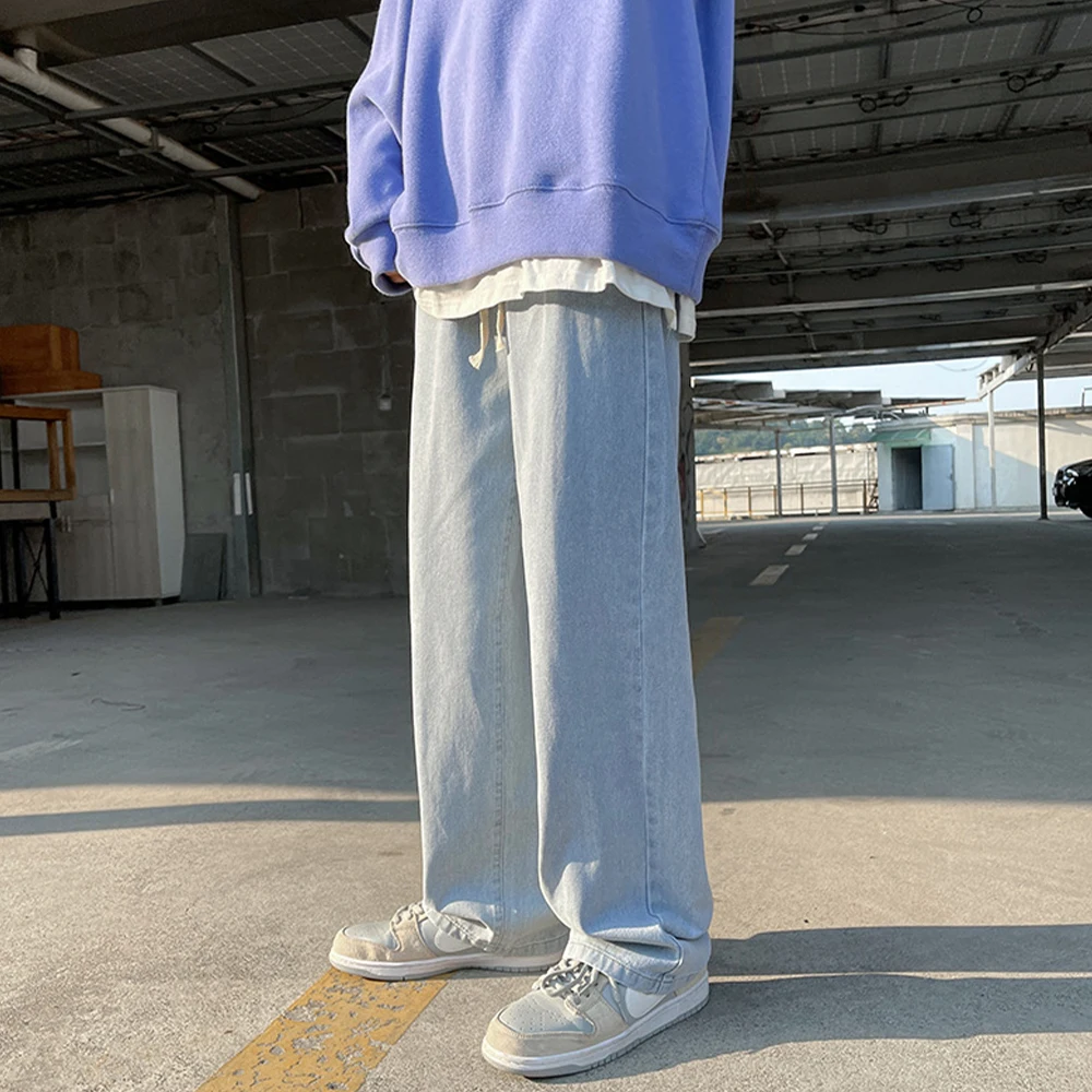 Baggy Jeans Men 2023 New Drawstring Elastic Waist Straight Wide Leg Pants  Fashion Black Hip Hop Denim Trousers Light Blue