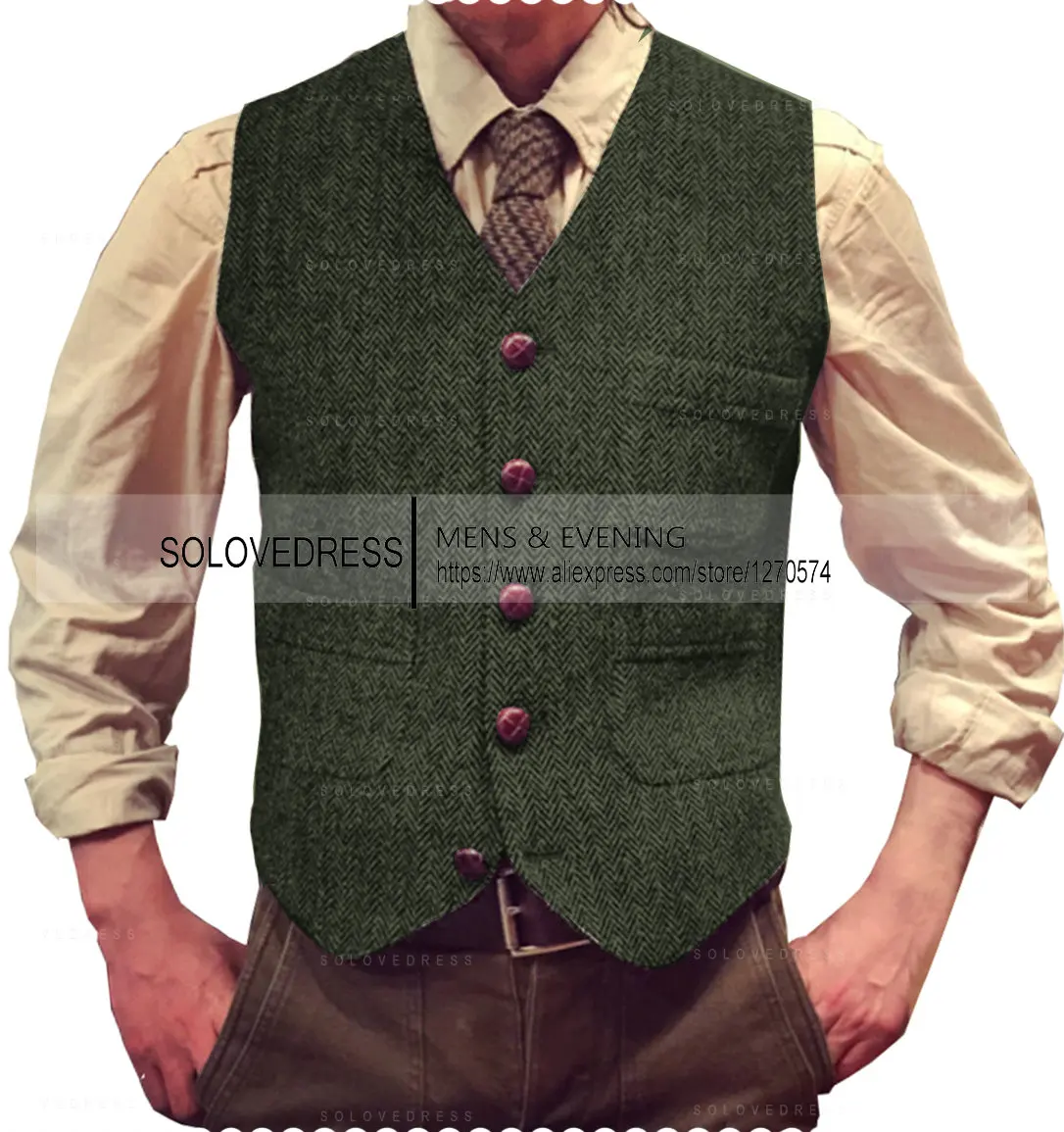 V Neck Men\'s Suits Vest  Herringbone Tweed  Formal Business Waistcoat Vest For Men For Wedding