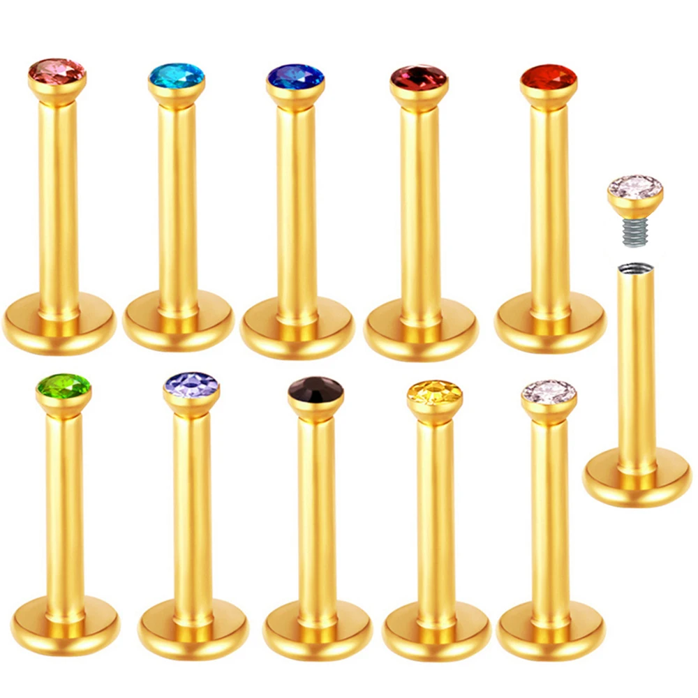 

2X 16g 1.2mm Crystal Steel -Gold- Labret Ring Bar Ear Cartilage Tragus Monroe Lip Nose Stud Internally Threaded Piercing
