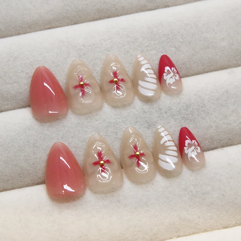 ที่ติดเล็บแบบกดสีชมพูบลัชออนสำหรับผู้หญิงหญิงสาว24ชิ้นแผ่นติดเล็บปลอมสไตล์ฝรั่งเศสลายดอกไม้3D เล็บปลอมปลอมสำหรับตกแต่ง