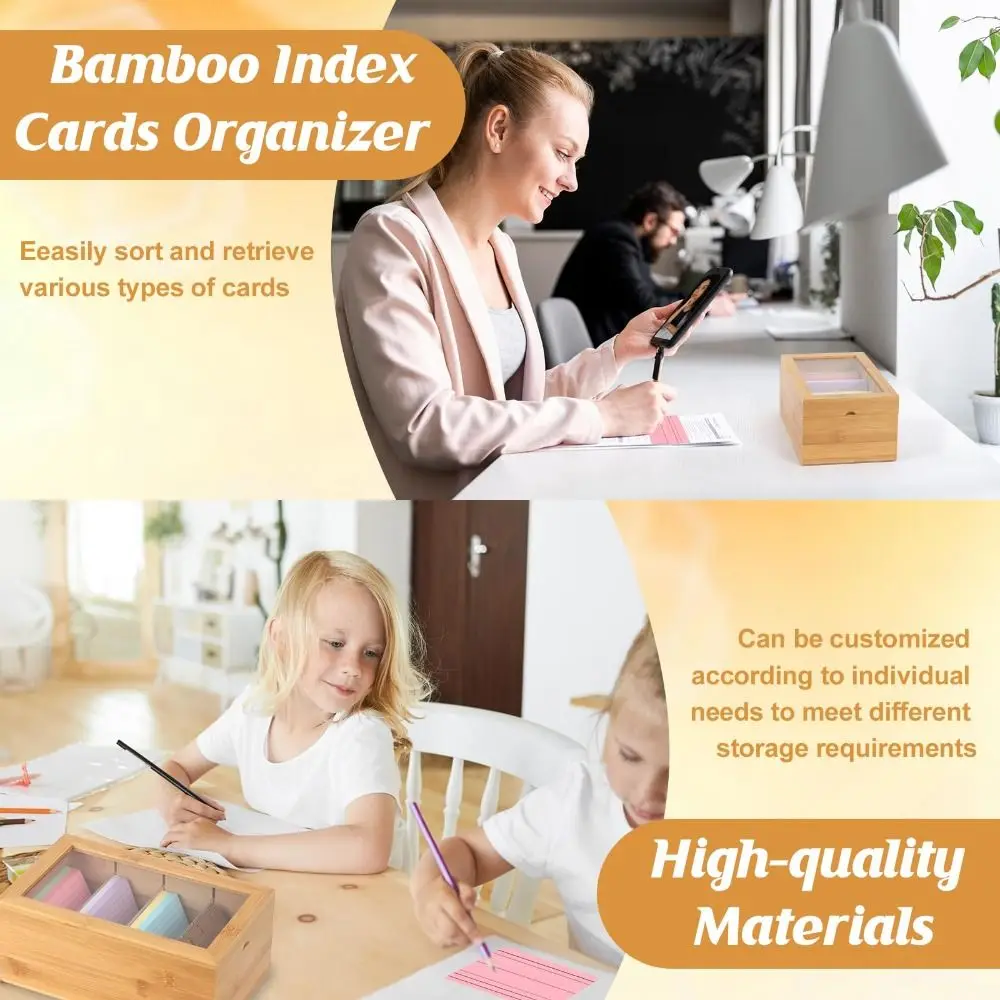 New 3x5 inch Index Card Organizer Wooden 4 Compartments Recipe Storage Box with Dividers with Lid Flash Cards Holder Kitchen