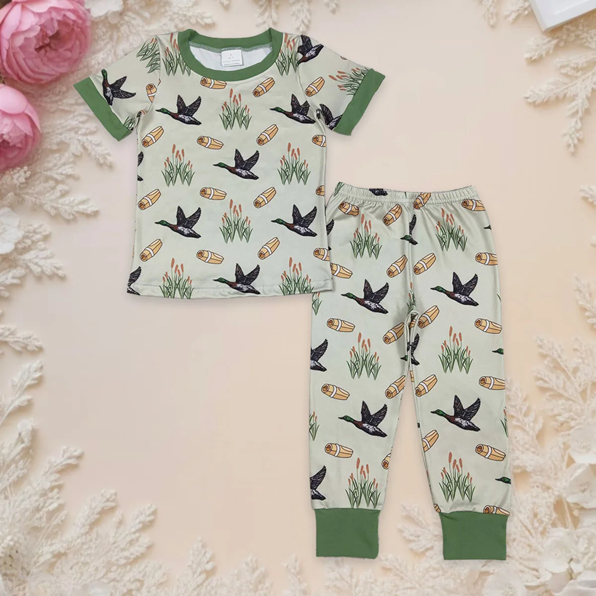 

Toddler Baby Boy Green Mallard Ducks Calls Hunting Short Sleeve Tops Kids Pajamas Sets Leggings Pants Casual Outfit Clothing