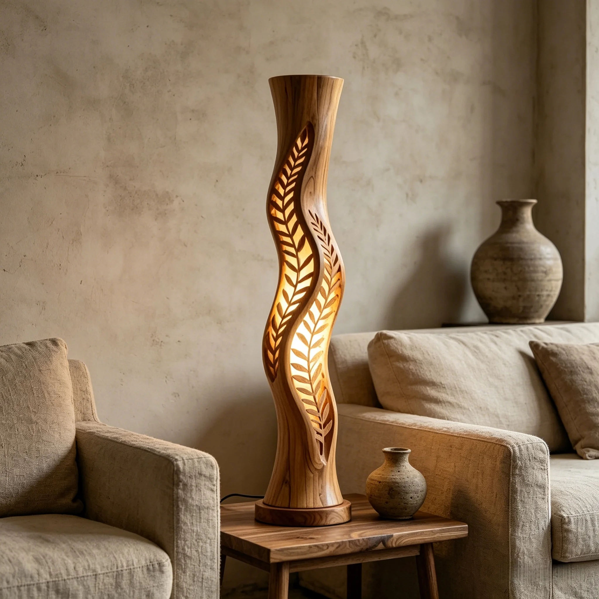 Wood Craft Solid Wood H100cm Freestanding Table Lamp Carved Leaf Pattern Twisted Oak Lighting For Decorative Spaces