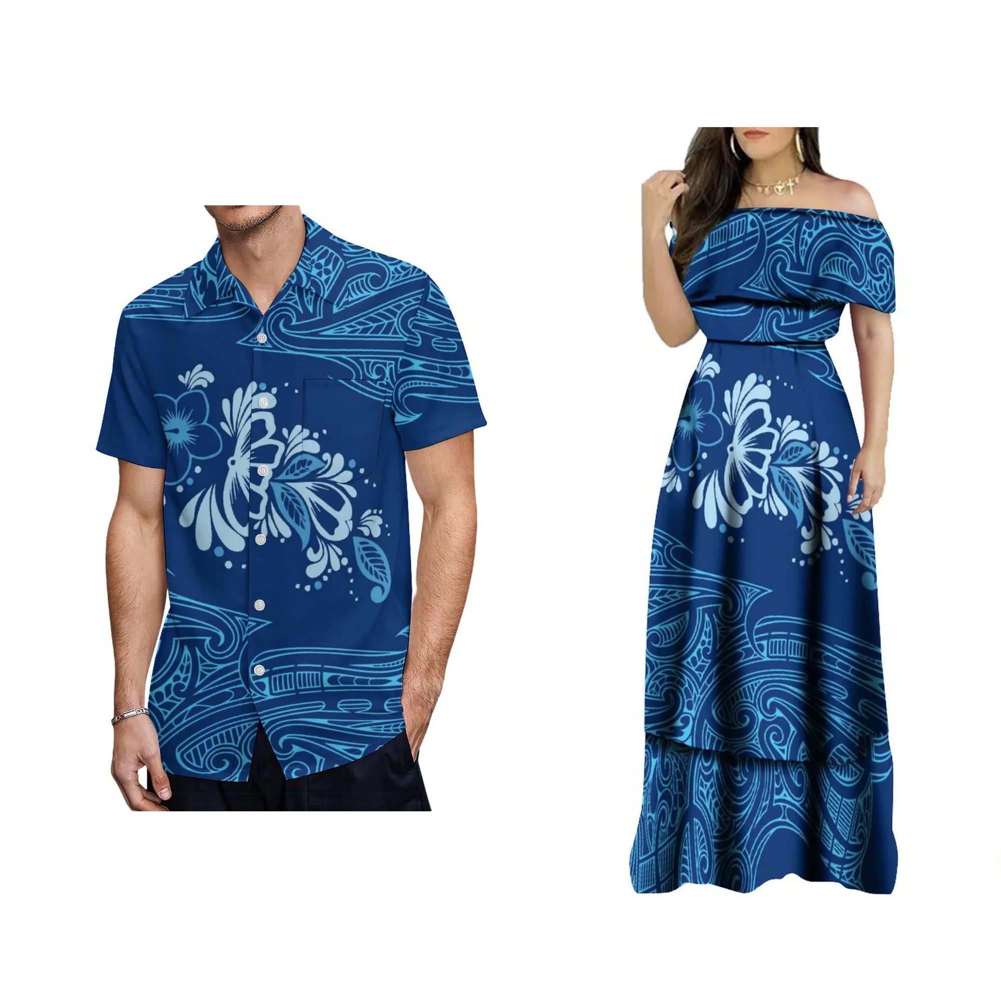 2024 New Arrivals Polynesian Tribal Printed Frill Off Shoulder Dresses Women Elegant Long Double Layer Party Dress