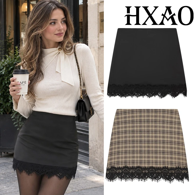 HXAO Women's Black Skirt Lace Mini Skirt Shorts Woman High Waist Elegant Party Skort For Women New Year Sexy Short Skirt Pants