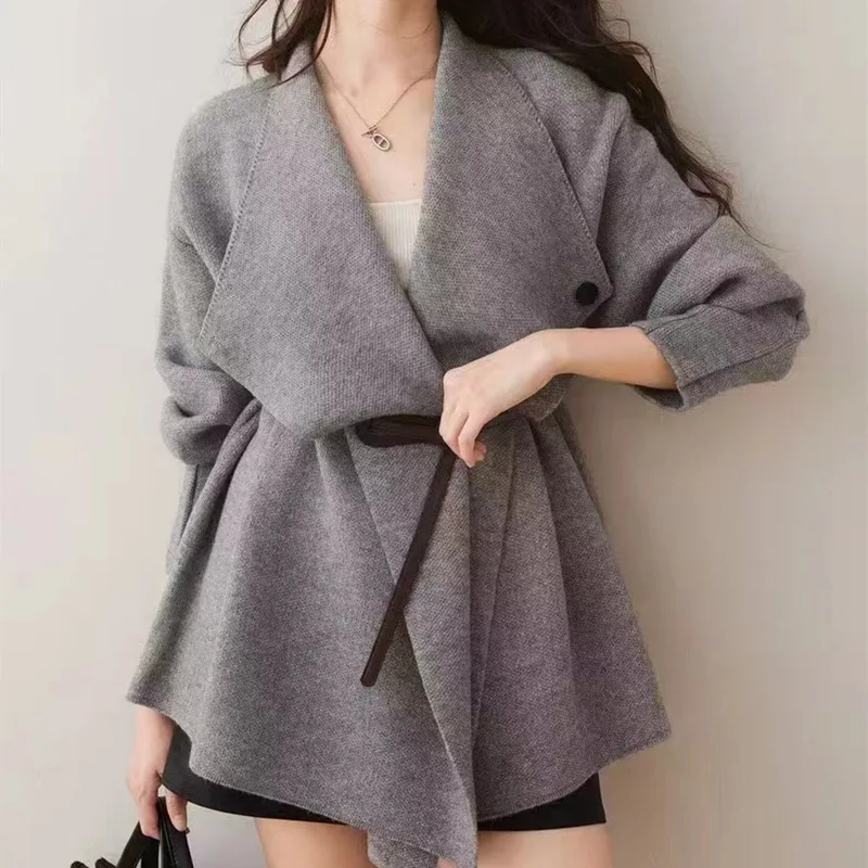 

Grey Knitted Belt Sweater Jacket Women's Autumn And Winter New Design Sense Loose Waist Knit Sweater Versatile Jacket Fall Tops