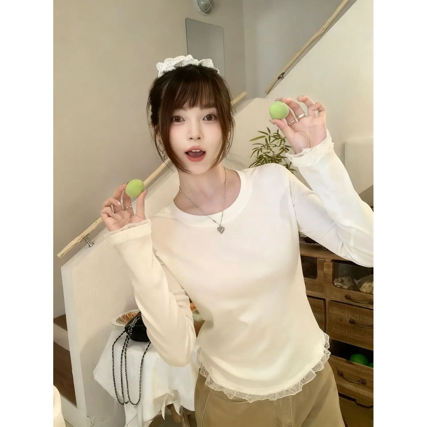 Lace Splice round Neck Long Sleeve T-Shirt Women's Autumn Winter plus Size Slim Fit Base Shirt Inner Wear Korean Style Commute