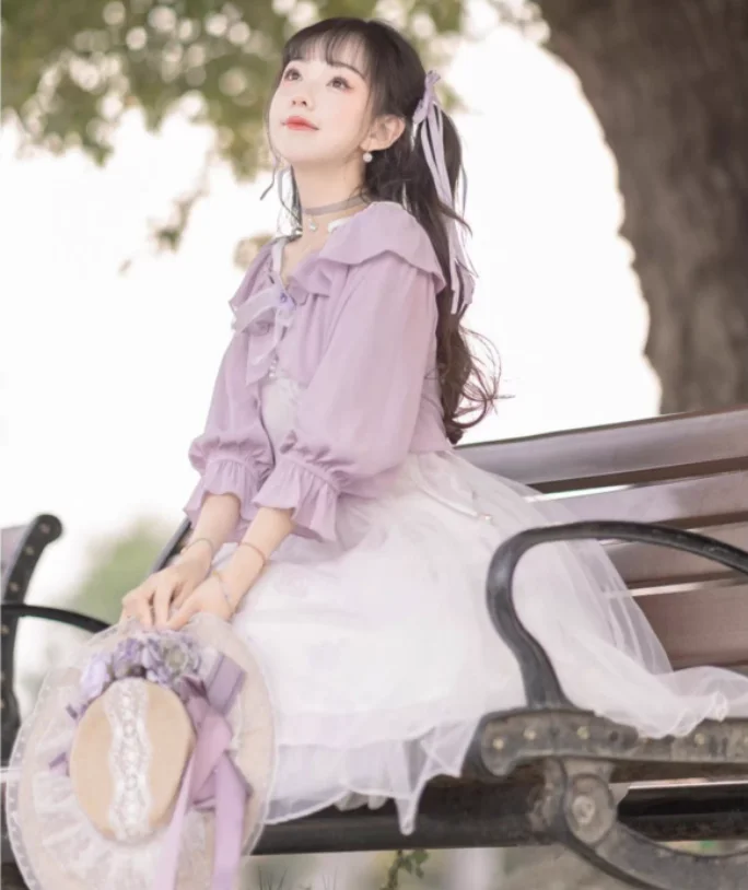 Spring Summer Elegant Lolita High Waist A-line Fashion Female Slash Neck Suspender Dress Sweet Ruffles Bow Loose Versatile Shirt