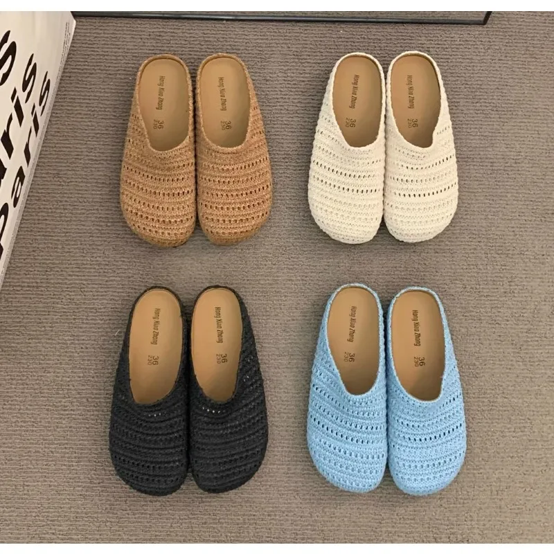 Women Bohemian Weave Mules Slippers Flats Shoes Hollow Sandals Summer Fashion Beach Shoes Casual Comfort Sandalias Mujer Slides