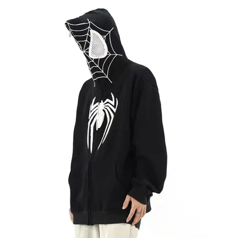 UPRAKF Full Zipper Up Spider Mask Men Hoodie Streetwear Spider Web Graphic Harajuku Long Sleeve Fashion Oversized Hoodie Men\'s