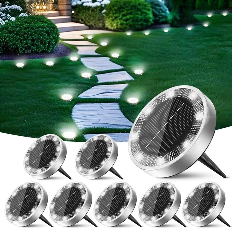 AT51-Cool White LED Solar Ground Lights 8-Pack, IP65 Waterproof, Anti-Rust Disc Lighting For Outdoor Landscaping