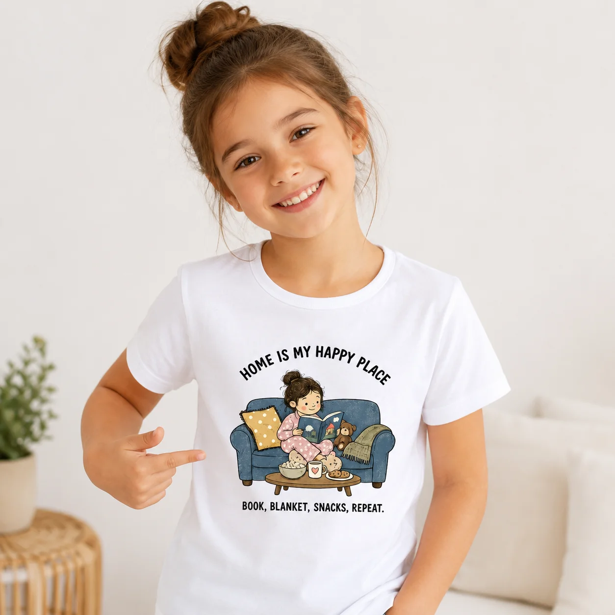Kids Cute Reading Girl Print T Shirt Home Is My Happy Place Letter Graphic Tees Girls Casual Short Sleeve Cotton T-shirt Childre