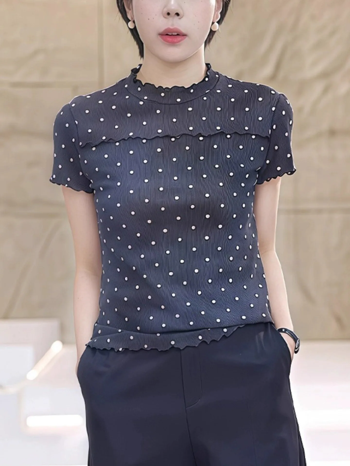 

Женский летний повседневный топ Slim Fit в горошек, корейский стиль, для работы и отдыха, с круглым вырезом