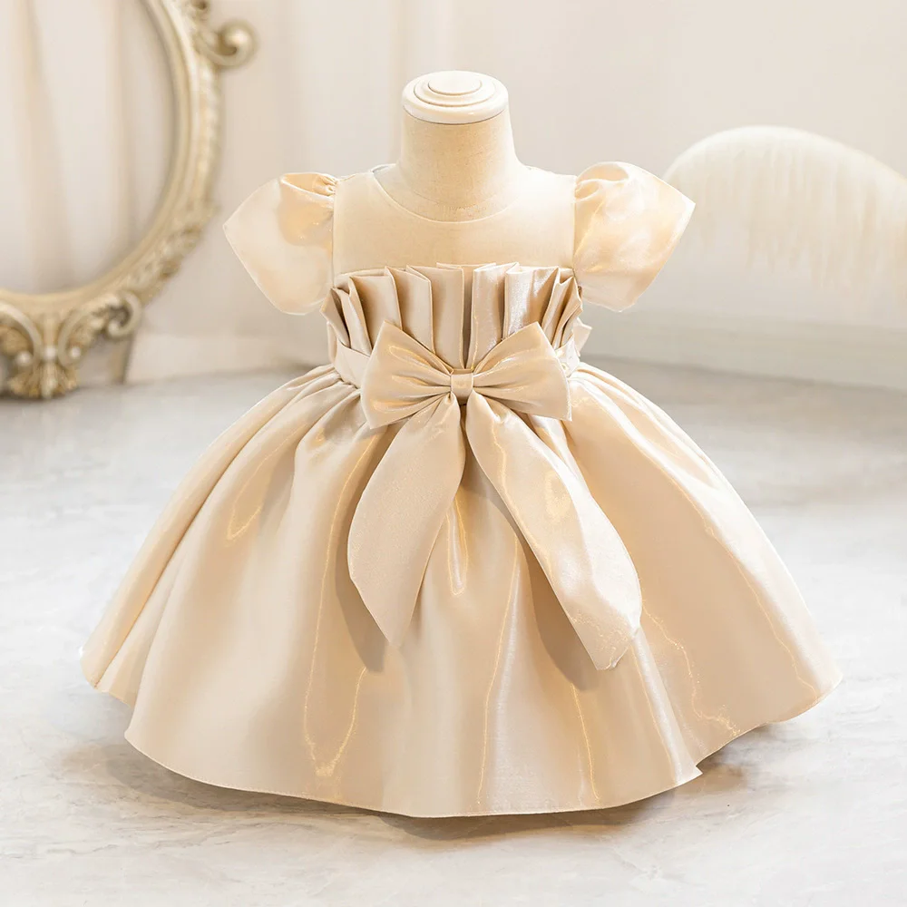 2026 Fashion Bow Baby Girl Dress Short Sleeve Solid Color Performance Evening Dress Summer Kids Girls Party Dress 1-3 Y