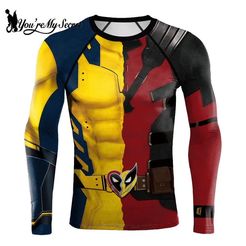 [You're My Secret] Superhero Long Sleeve Workout Costume Deadpool Wolverine Cosplay Compression Shirt Gym Fitness Top Tee Male