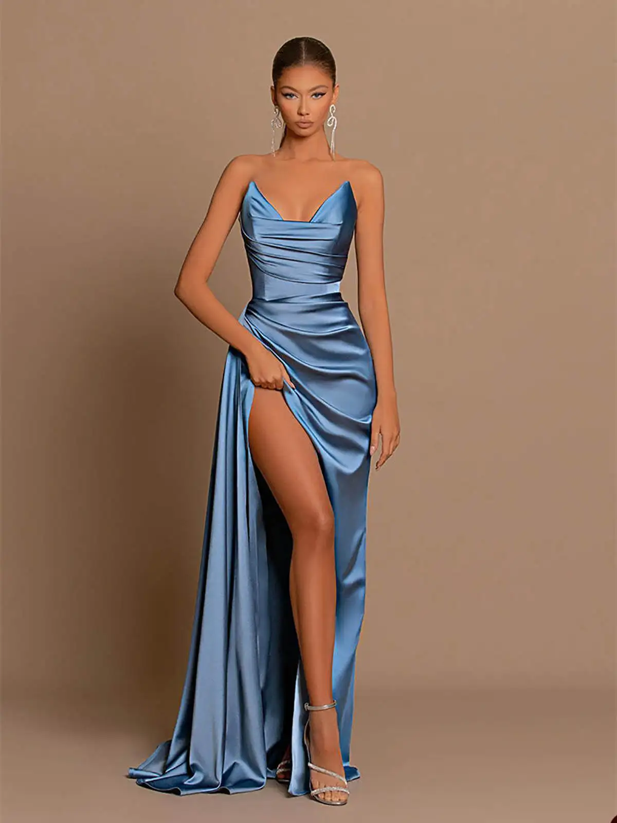 High Temperament Slit Evening Gown Designer V-Neck Pleat Floor-Length Taffeta Dress Custom Made