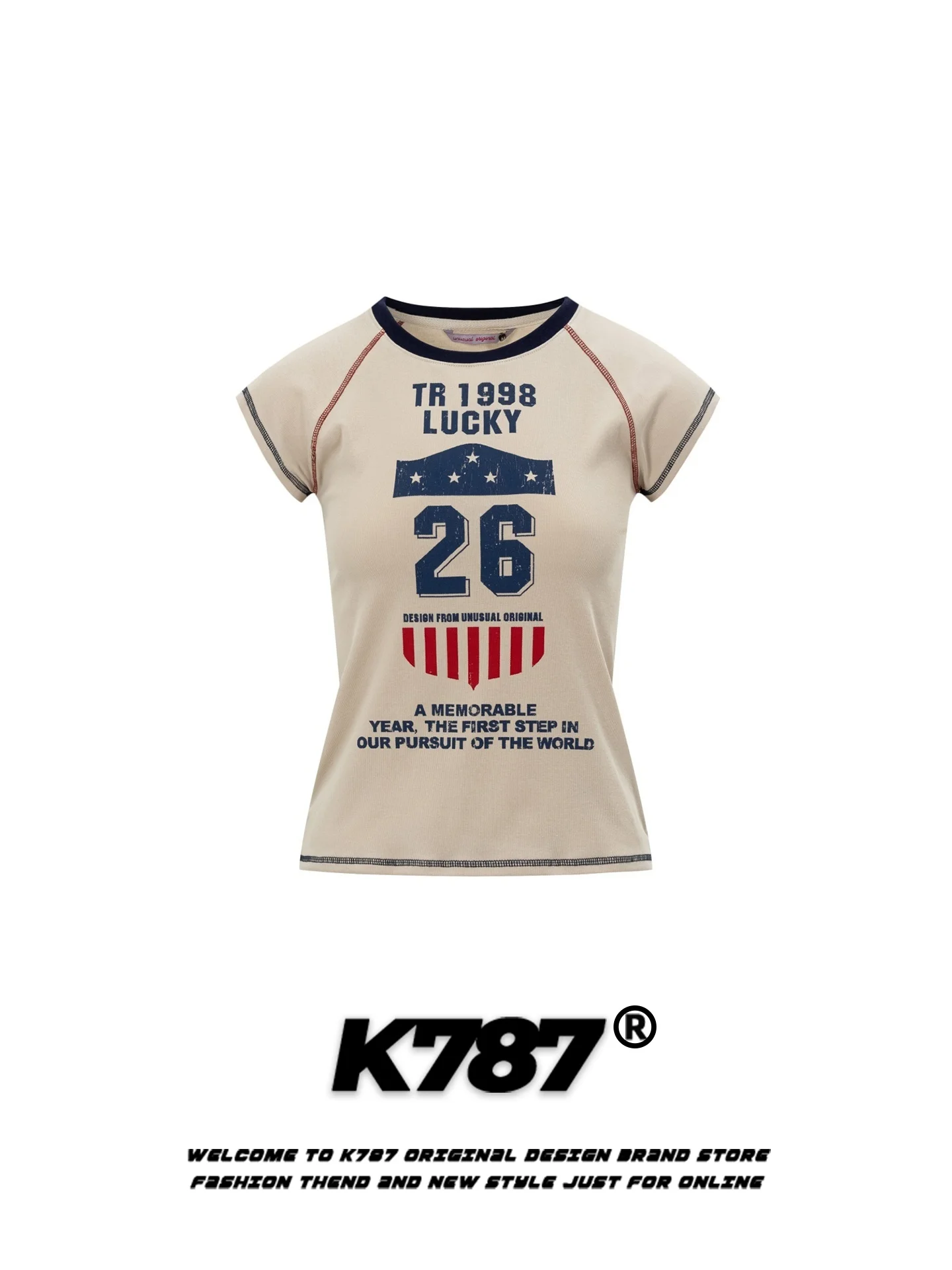 

Женская футболка K787 в американском ретро-стиле с цифровым принтом, укороченная, приталенная, спортивная, повседневная, из хлопка