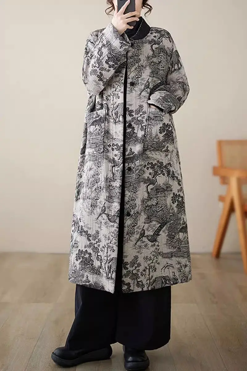 Chinese Ink Print Retro Warm Thick Coat For Women Oversized Loose Pockets Fashionable Quilted Jacket Retro Cotton Clothes Z3703