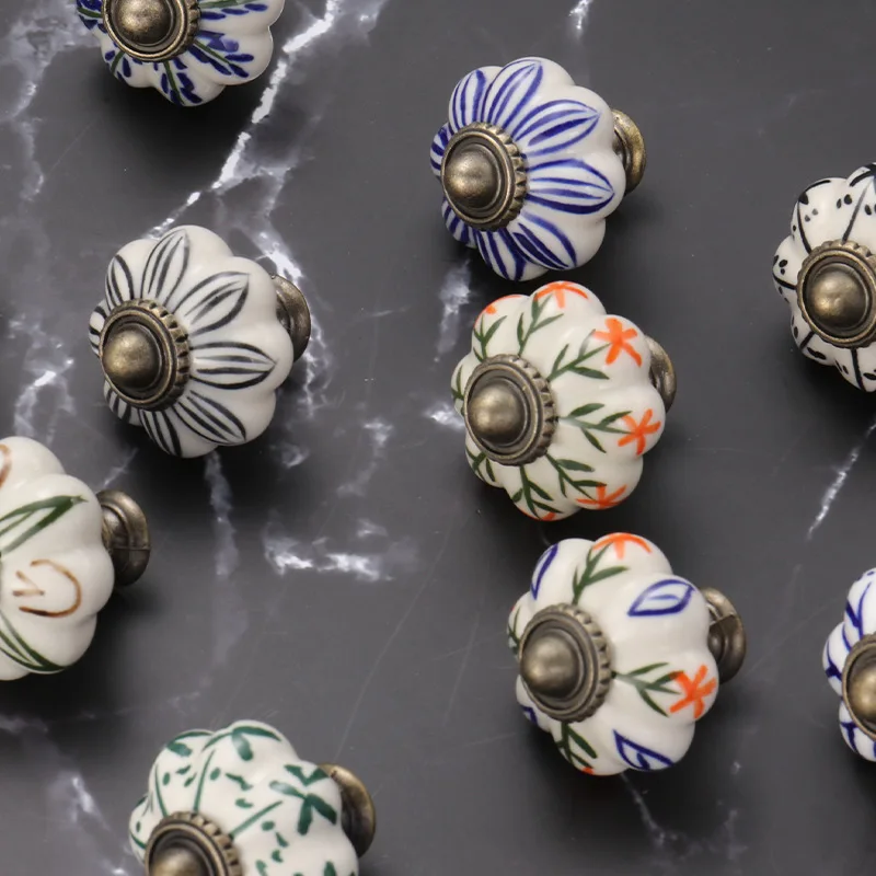 Chinese Pastoral Style Hand-Painted Color Ceramic Pumpkin Pull Handle For Cabinet Wardrobe Door