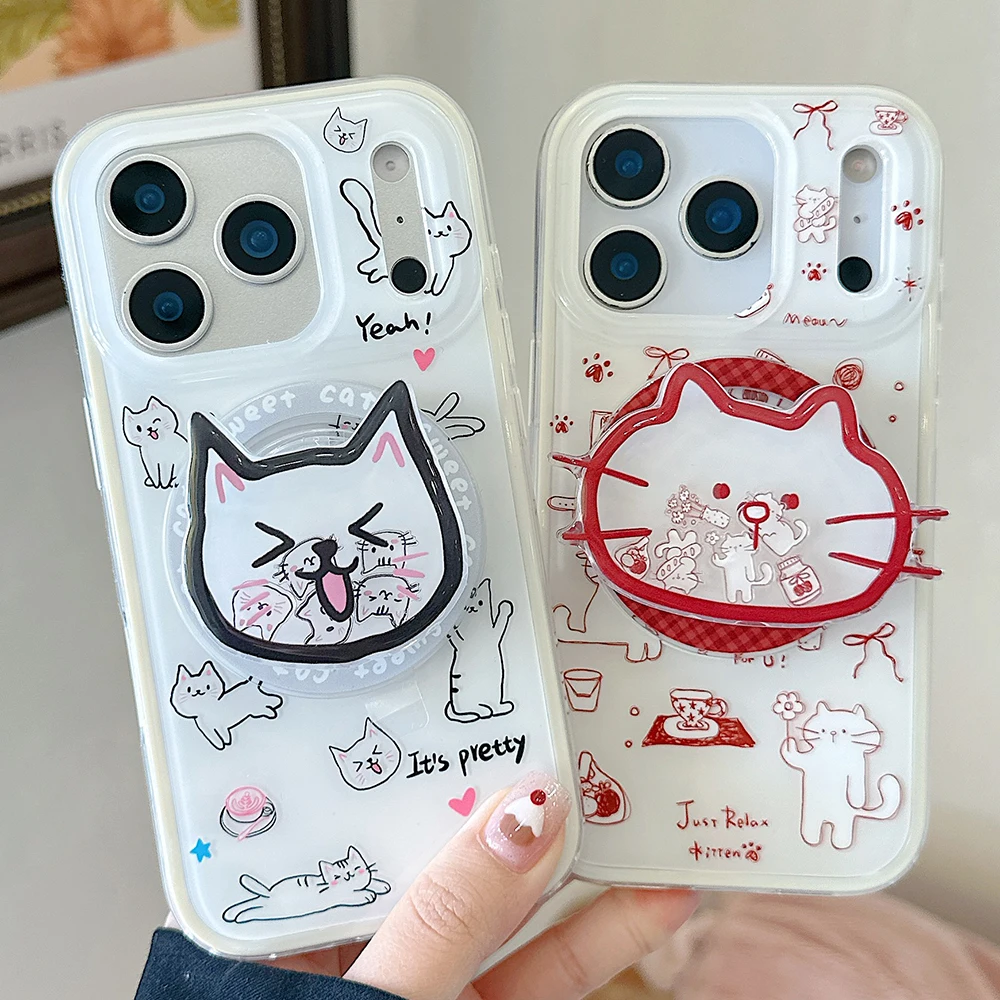 

2 IN 1 Cute Kitten Shaking Holder Magnetic Case for IPhone 17Pro 14 15 16 Pro Max Shockproof Cartoon Cat Back Cover for Magsafe
