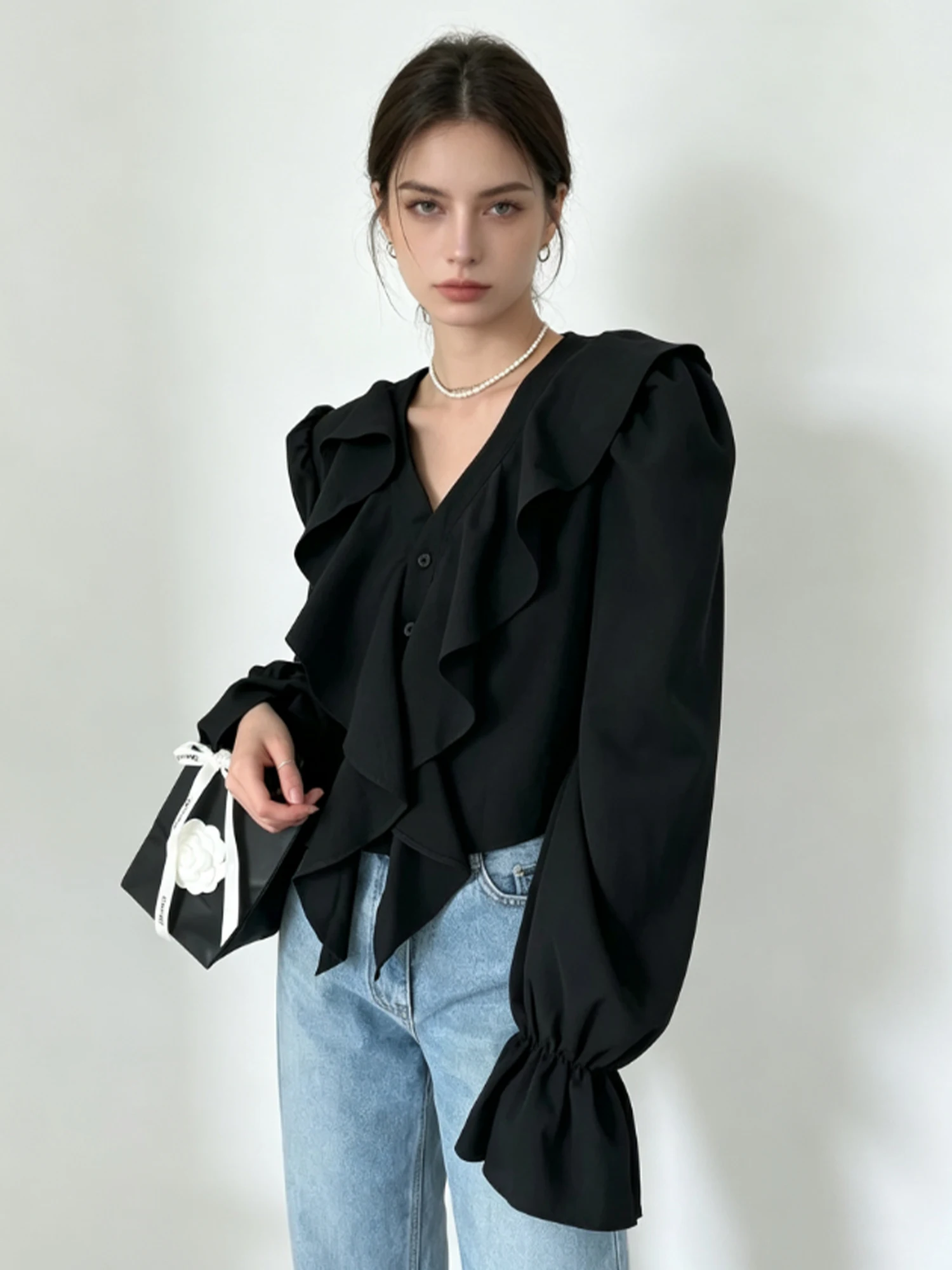

Women Black Blouses and Shirts Y2k Gyaru Vintage French Style Elegant V-Neck Ruffle Flared Sleeve Blouse Top Spring Autumn 2026