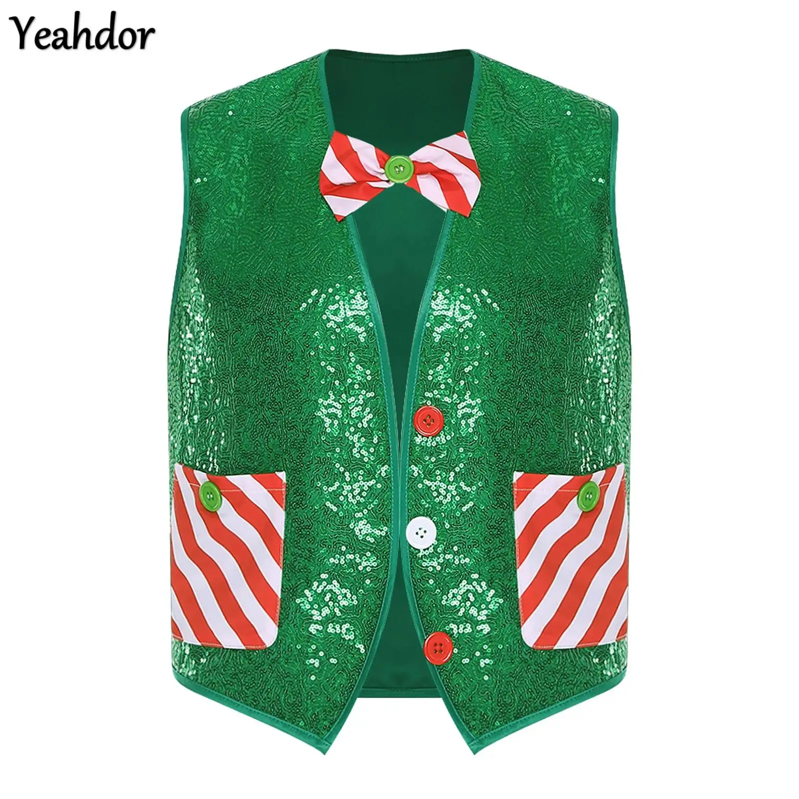 

Men Christmas Elf Cosplay Costume Santa Claus Waistcoat Sleeveless Open Front Sequin Candy Cane Striped Vest Xmas Party Jackets