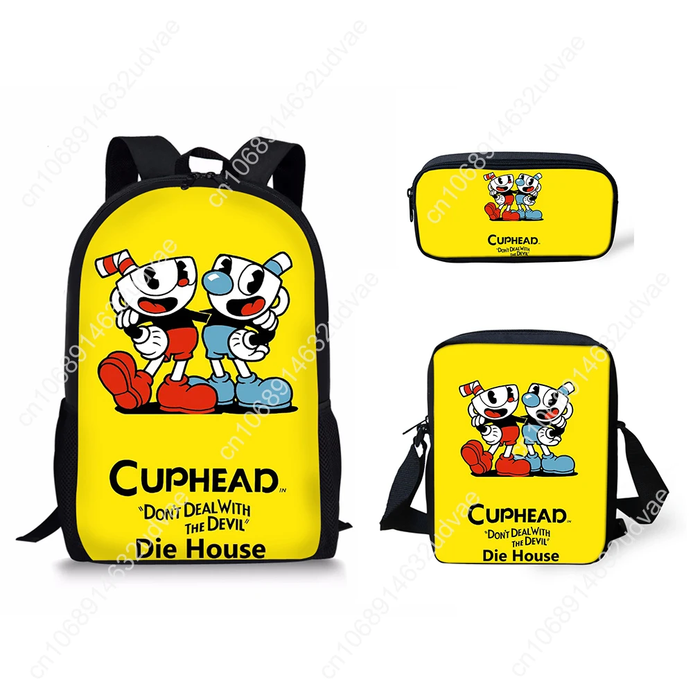 Classic Youthful Cuphead Pattern 3D Print 3pcs/Set Student Travel bags Laptop Daypack Backpack Shoulder Bag Pencil Case