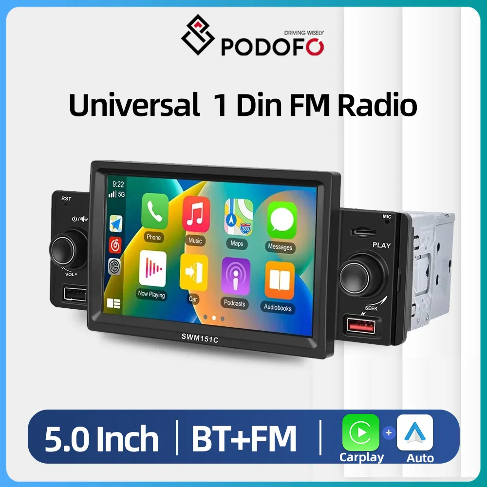 Podofo Car Radio 1Din 5Inch MP5 Player CarPlay Android Auto Stereo Bluetooth FM TF/USB Universal Car Multimedia Player