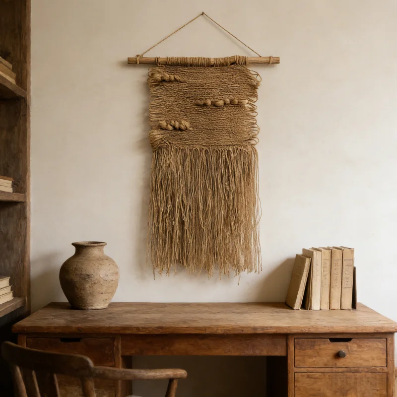 Rustic Handmade Macrame Wall Hanging Boho Woven Cotton Tapestry with Fringe for Living Room Bedroom Wall Decoration