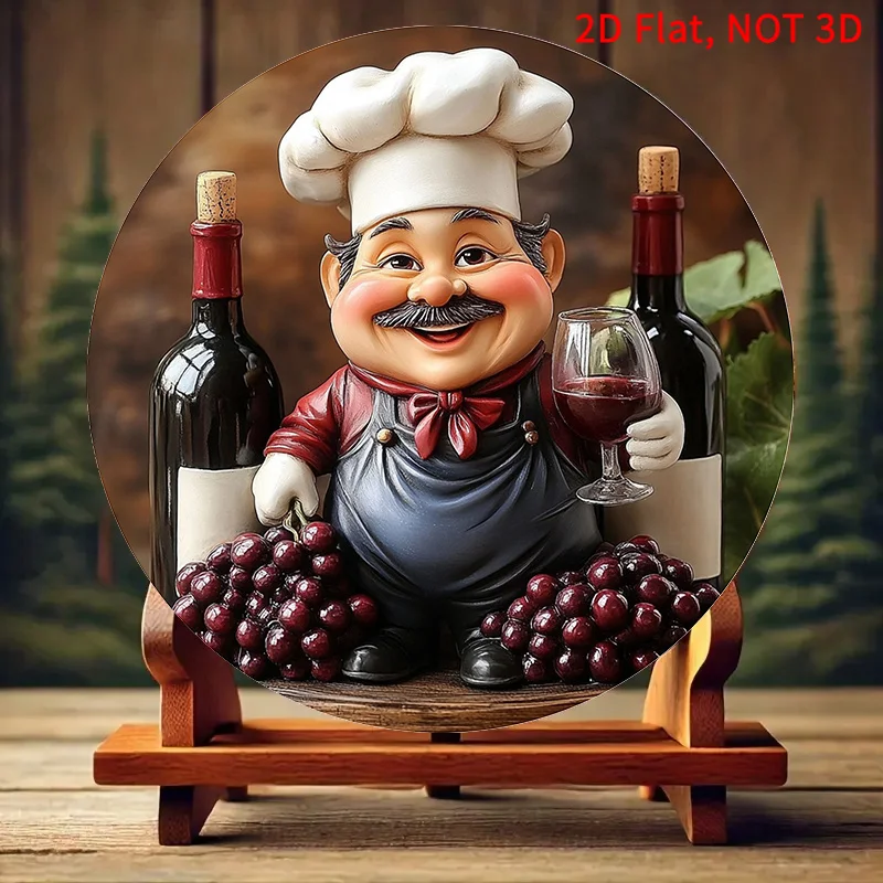 Retro Wine Chef Cartoon Image Wooden Disc 2D Wall Hanging Unique Home Decor Outdoor Photo Background Furniture Art Gift 8Inch