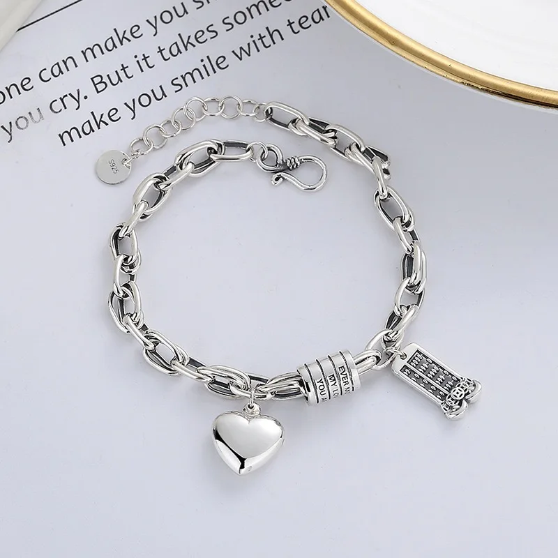 925 Sterling Silver Bracelets for Women Men String Accessories Retro Heart Tassel Pendant Party Jewelry Gift