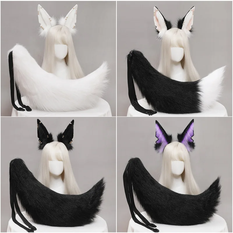 Plush Animal Wolf Ears Headwear Tail Set Furry Jackal Ears Headdress Handmade Costume Anime Sexy Fox Tail Cosplay Accessories