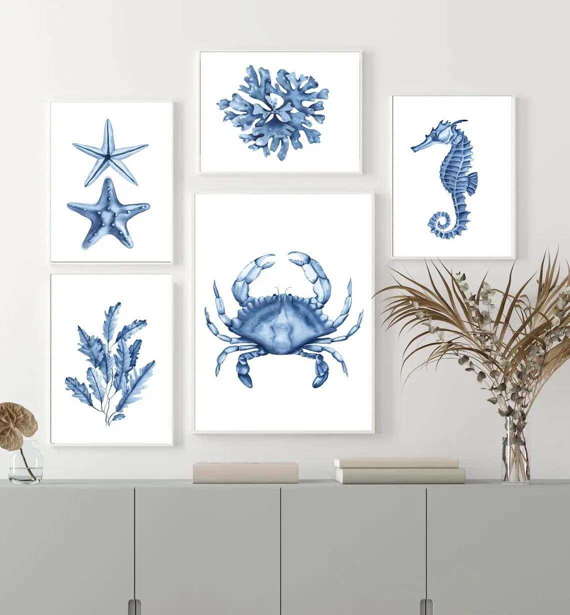 Navy Blue Coral Seaweed Shell Seahorse Lobster Crab Starfish Poster Wall Art Print Canvas Painting Decor Pictures Living Room