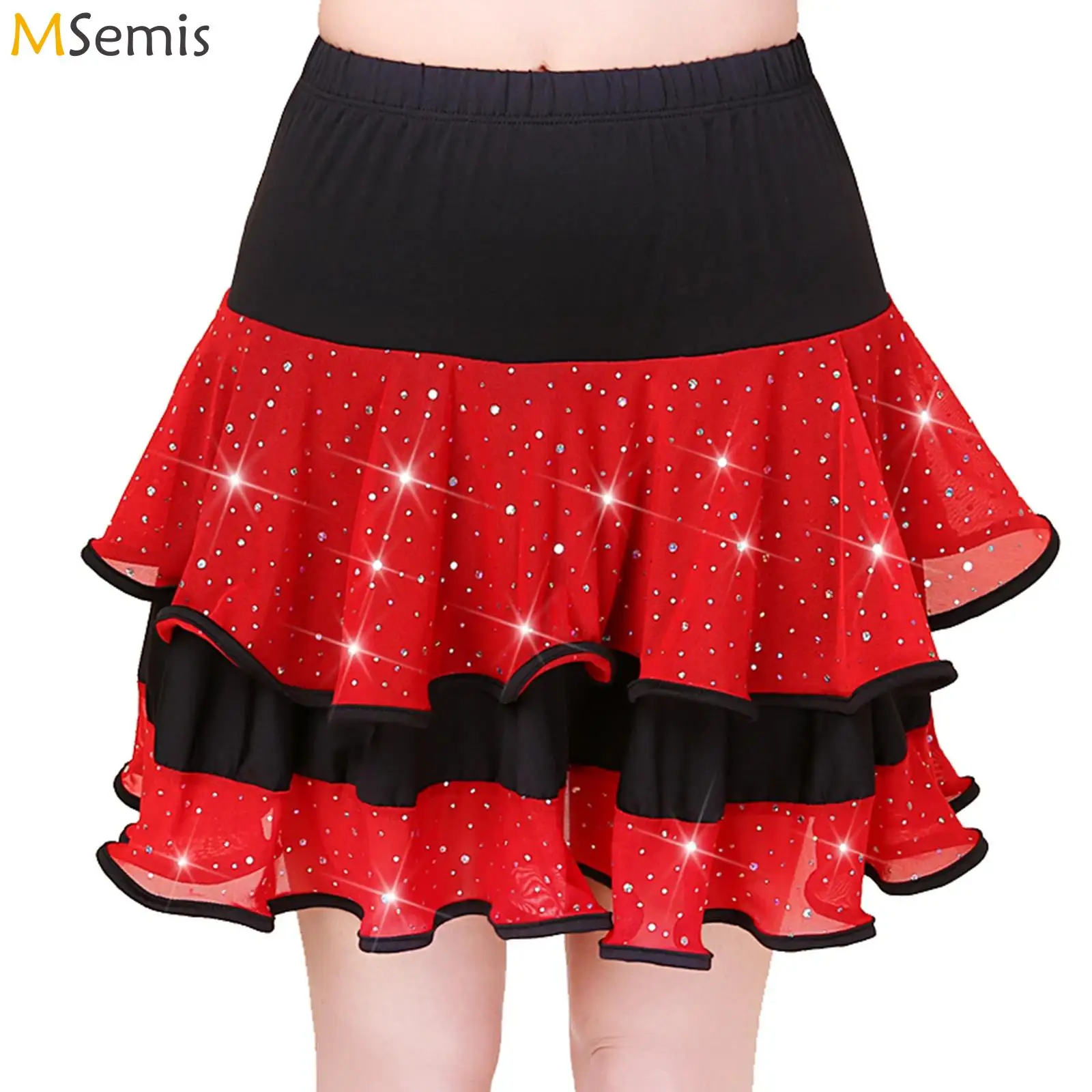 Falda de baile de Jazz latino con lentejuelas para mujer, traje de baile español para Chacha, Salsa, falda oscilante de loto con dobladillo con volantes escalonado y cintura alta brillante