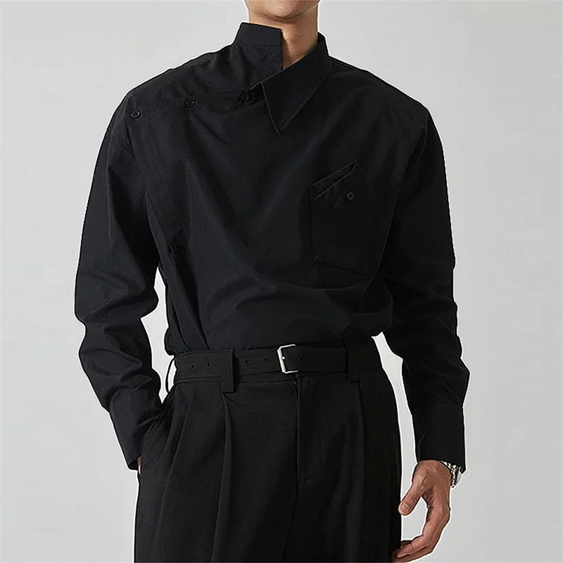 Men's Spring Autumn Casual Shirts Long Sleeve Irregular Stand Collar Oblique Button Up Solid Color Tops
