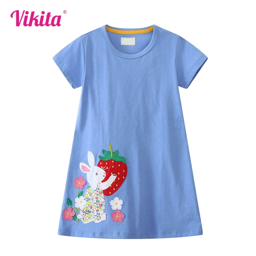 VIKITA Kids Summer Clothes Girls Rabbit Strawberry Appliqued Cartoon Cotton Casual Straight Dress Children's Clothing Vestidos