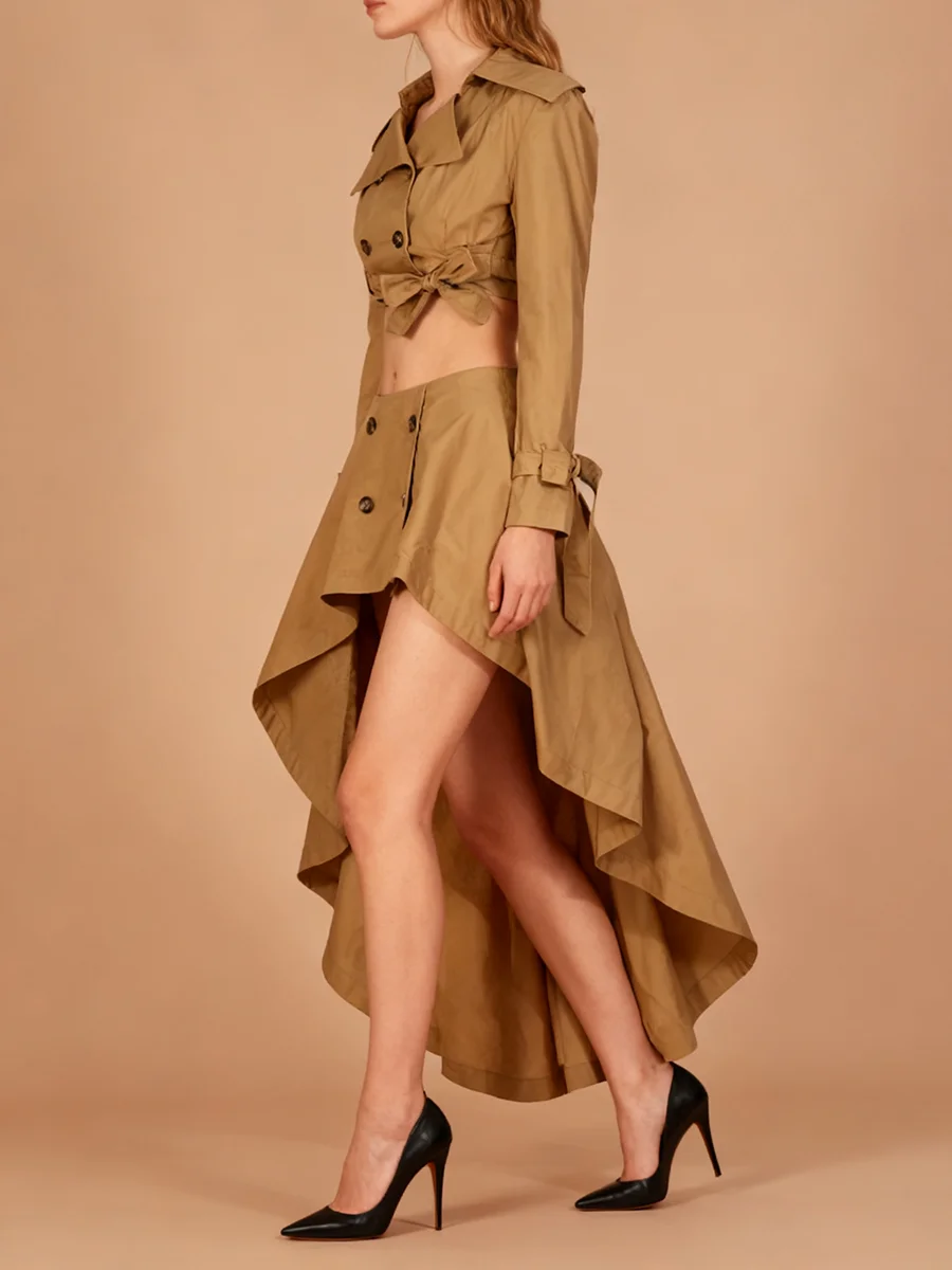 VGH Irregular Two Piece Set for Women Lapel Long Sleeve Spliced Bandge Short Windbreaker Mid Waist Skirt Outfit Female Fashion