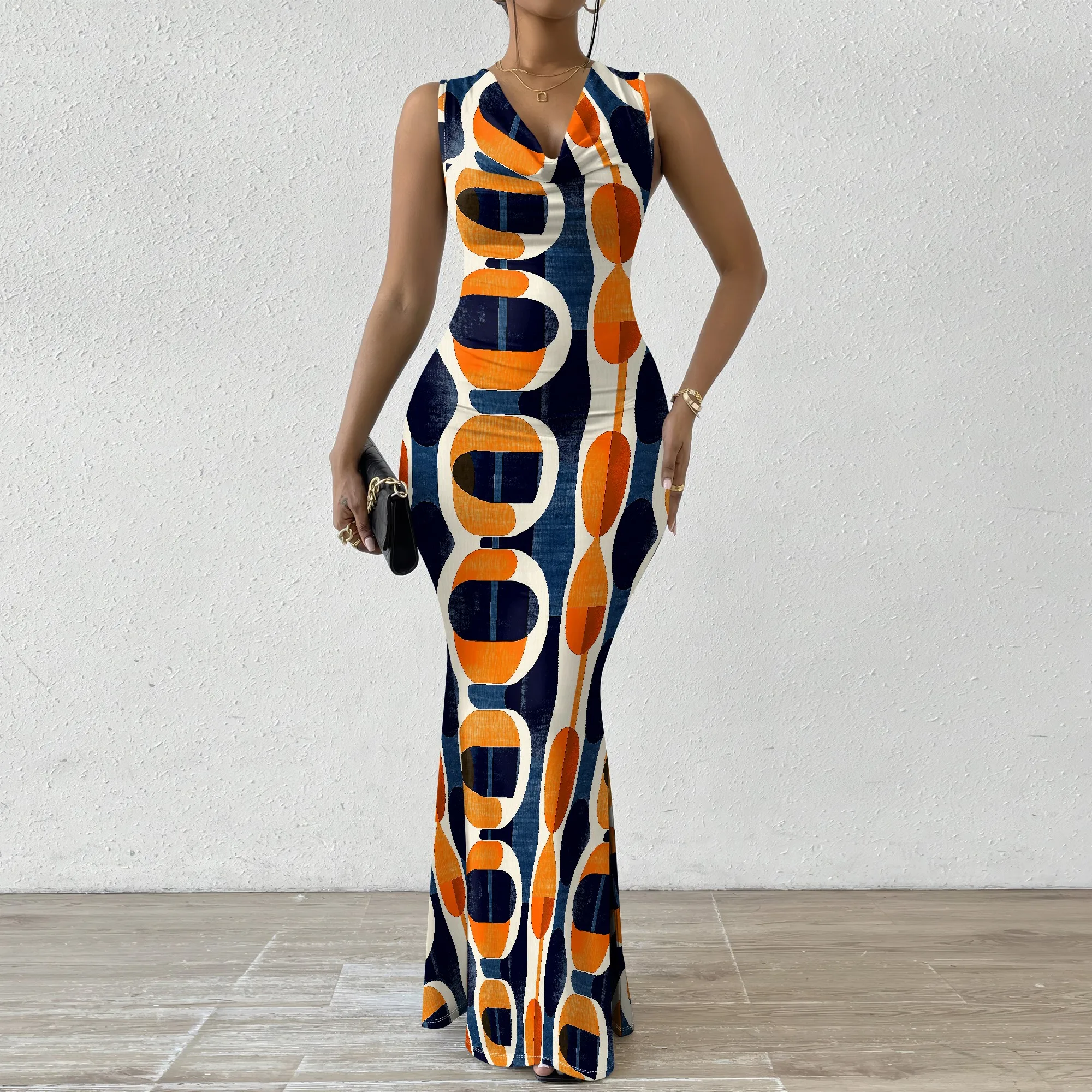 

Retro Circle Print Women's Maxi Dress 2025 New Arrival Sleeveless V-Neck Orange & Navy XS-2XL for Casual Party & Day Out