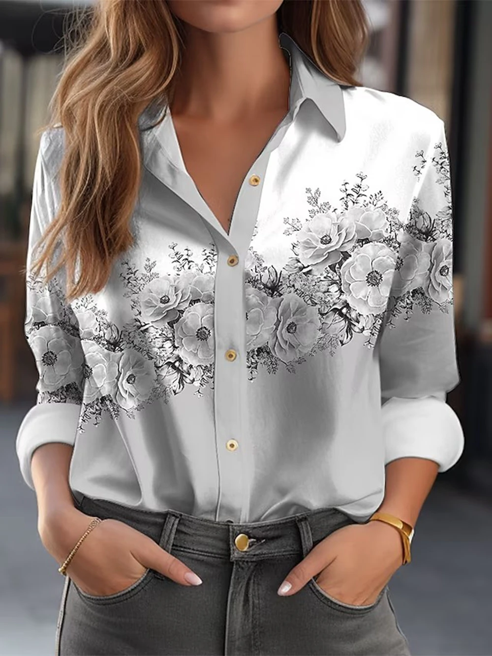 Women Shirts & Blouses Pink Light Green Floral Button Print Long Sleeve Elegant Shirt Party Fashion Shirt Female Clothing Blouse