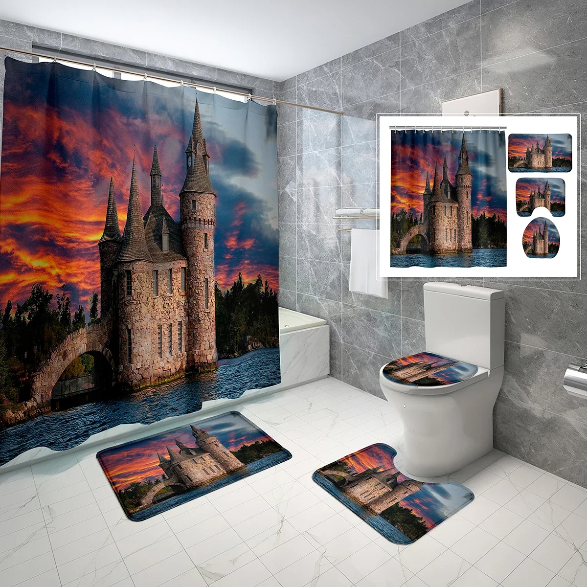 

4 Pcs Set Sea Castle Shower Curtain Set with Non-Slip Bath Mat,Toilet Lid Cover and Beach Architecture Style Shower Curtain Sets