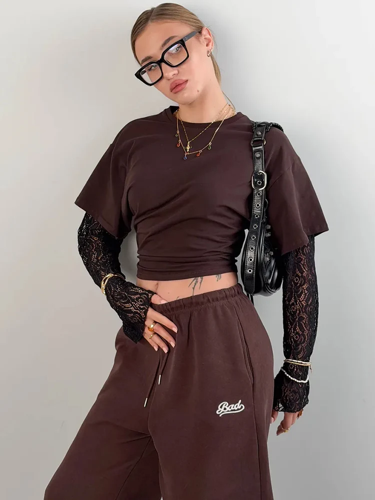 

Trendix Lace Long Sleeve Cropped For Women Street Casual Loose O Neck Pullover Tops Femme Party Basic Commuter Fashion Y2k Tees