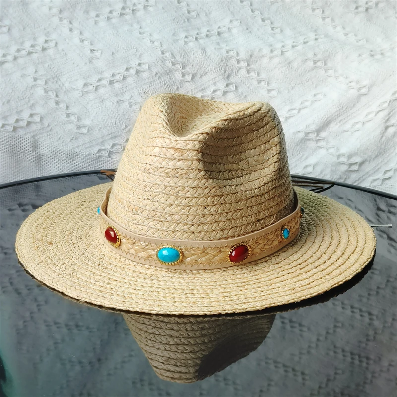 Vintage raffia straw fedora hats men women top hats jazz hat summer shade versatile sunscreen raffia flat-brim sun hat panama