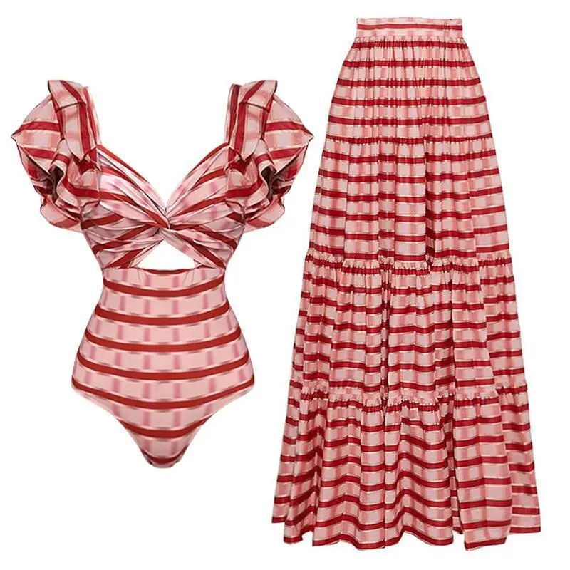 

Лето Flaxmaker 2022, цельный купальник с рюшами в красную полоску и принтом, цельный купальник и юбка с вырезами, боди Biquini