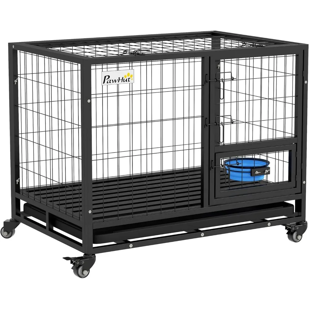 

36" Heavy Duty Dog Crate with Bowl Holder, Strong Steel Dog Cage Kennel with Wheels, Detachable Door, Openable Top and Removabl
